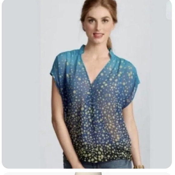 Cabi #344 Blue and Gold Bubbles Wrap Front Sheer Top, EUC, Medium, MSRP $74 - Picture 2 of 9